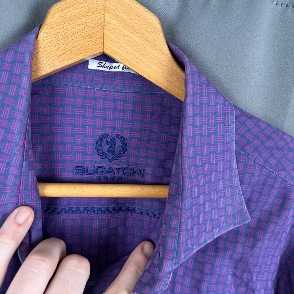 Bugatchi Uomo Mens Purple Basketweave Cotton Button Down Shirt Shaped Fit XL